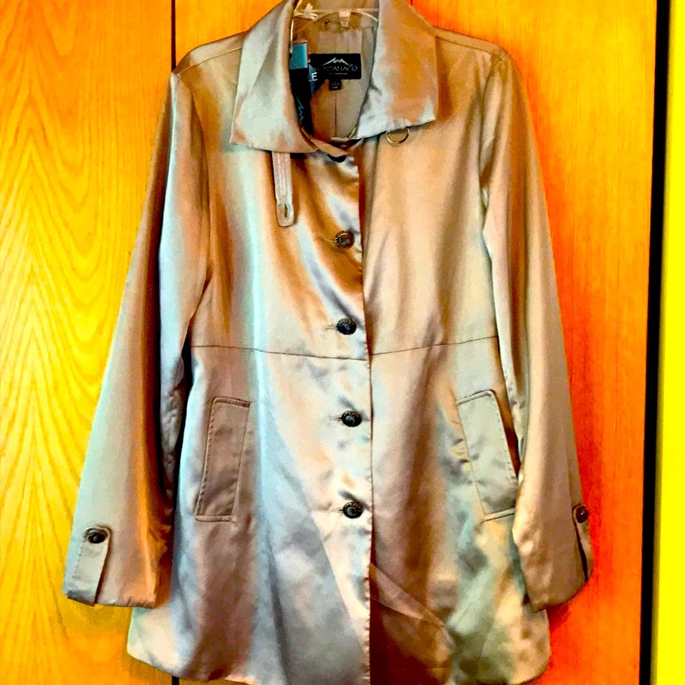 New with tags Montana Co L metallic pewter satin jacket short trench coat NEW